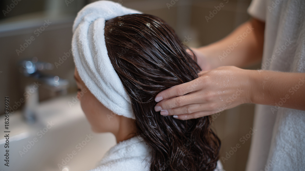 Fototapeta premium Hair strands being wrapped in silk scarf after applying nourishing treatment, luxury self-care for hair
