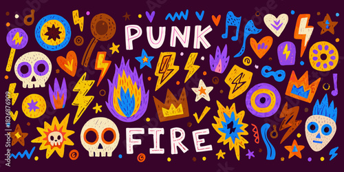Colorful punk rock inspired illustration with skulls lightning and musical motifs