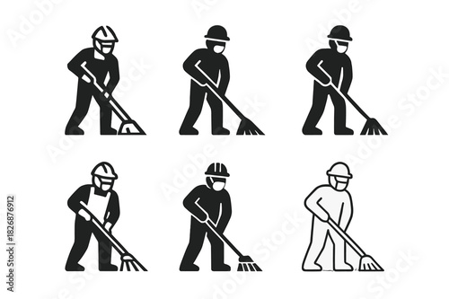 Facility Care Logos. Sweeping the Floor. Icon set. Set Logo of facility care: worker sweeping in safety gear. harmonious logo variations of the same emblematic