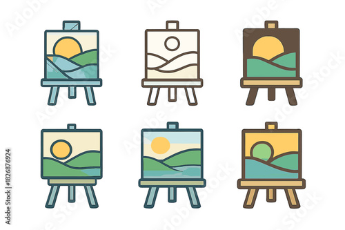 Watercolor Logo Set. Watercolor Landscape Painting. Icon set. Set Logo of Watercolor Landscape Painting: easel. harmonious logo variations of the