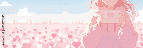 Chica anime sosteniendo una carta de amor en un campo de corazones rosados bajo un cielo azul