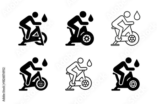 Cycling Icon Variations. A person practicing indoor cycling, focused on endurance and intensity. Icon set. Set Logo of A person practicing indoor cycling,