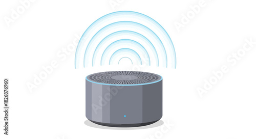 Gray cylindrical smart speaker emitting blue concentric sound waves