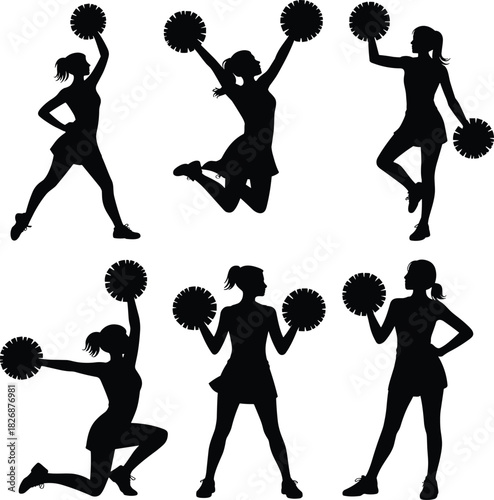 Collection of black and white cheerleader silhouettes, vector girls with pom-poms, isolated dancers for sports, school spirit, and competition.