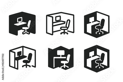 Office Cubicle Logos. Office cubicle. Icon set. Set Logo of office cubicle: ergonomic workstation design. harmonious logo variations of the same emblematic