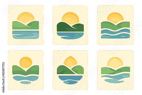 Watercolor Landscape Icons. Watercolor Landscape Painting. Icon set. Set Logo of Watercolor Landscape Painting: deckled-edge paper. harmonious logo variations