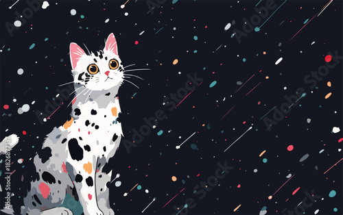 Vector gatito dálmata blanco y negro mirando hacia arriba bajo una lluvia de estrellas colorida.