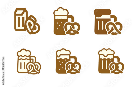 Drink Pairing Icons. Drink pairings. Icon set. Set Logo of Drink pairings: beer stein and pretzel. harmonious logo variations of the same emblematic concept,