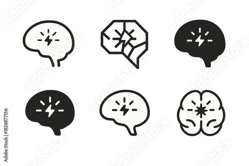 Emotions Brain Icon Set. How emotions are processed in the brain. Icon set. Set Logo of How emotions are processed in the brain: amygdala spark within brain