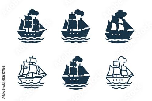 Historical Transport Icons. Historical transportation methods (ships, planes, automobiles). Icon set. Set Logo of historical transport: steamship with sails.