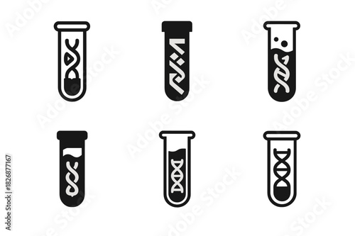 Blood Sample Logos. Blood sample in test tube. Icon set. Set Logo of blood sample: test tube with DNA strand. harmonious logo variations of the same emblematic