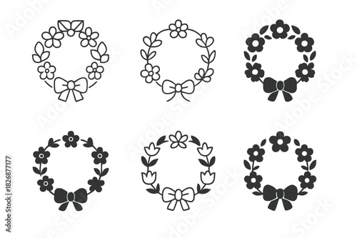 Mother's Day Icons. Mother?s Day flower arrangements and gifts. Icon set. Set Logo of Mother?s Day flower arrangements and gifts: circular floral wreath with