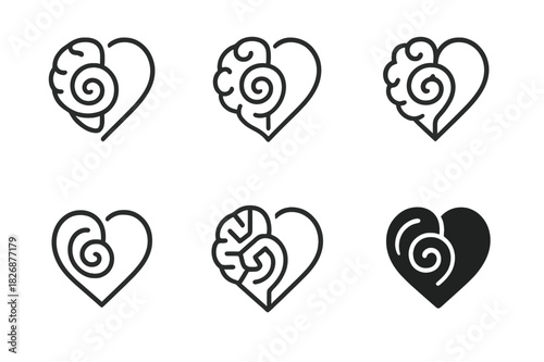 Emotional Brain Logos. The brain's role in anxiety and depression. Icon set. Set Logo of the brain's role in anxiety and depression: neural spiral blending
