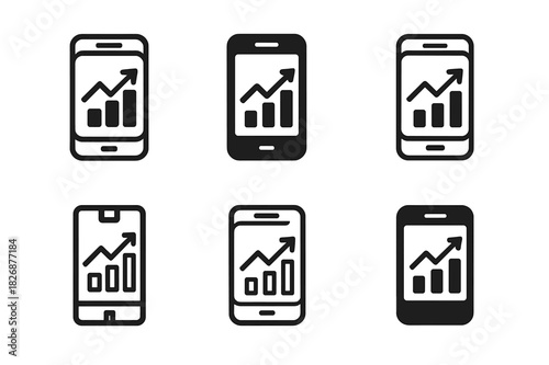 Retail Analytics Icons. Retail trend graph. Icon set. Set Logo of retail analytics: mobile sales analytics. harmonious logo variations of the same emblematic