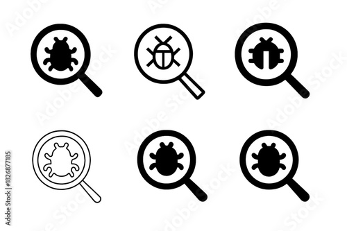 Error Log Icons. Error Log Analysis. Icon set. Set Logo of Error Log Analysis: magnifying glass over bug icon. harmonious logo variations of the same