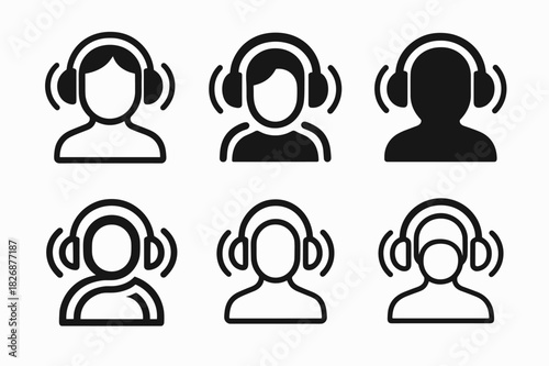 Headphone Logo Variations. Using Noise-Cancelling Headphones. Icon set. Set Logo of studio focus: listener surrounded by acoustic waves. harmonious logo