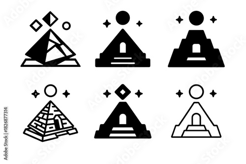 Alien Ruins Iconography. The Search for Ancient Extraterrestrial Life. Icon set. Set Logo of interstellar ruins: pyramid-like alien monument. harmonious logo