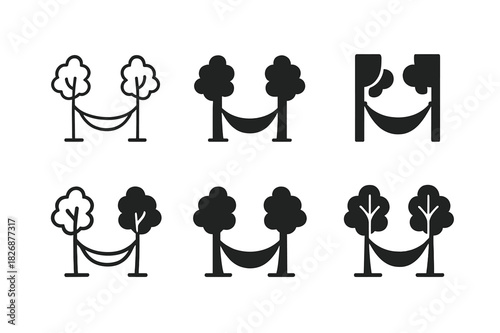 Hammock Logo Variations. Setting up a hammock. Icon set. Set Logo of setting up a hammock: hammock tied between two trees. harmonious logo variations of the