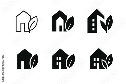 Ecological Architecture Logos. Ecological architecture blending with nature. Icon set. Set Logo of ecological architecture blending with nature: sustainable