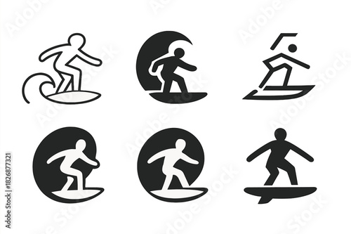 Water Sports Logo Set. Water sports. Icon set. Set Logo of water sports: surfer riding a stylized wave. harmonious logo variations of the same emblematic