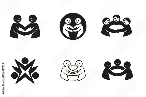 Joyful Connection Icons. People in moments of laughter and camaraderie. Icon set. Set Logo of joyful connection: friends holding hands. harmonious logo
