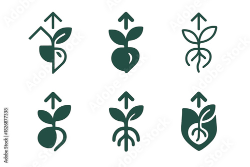 Seed Growth Icons. How seeds germinate. Icon set. Set Logo of How seeds germinate: root and shoot emerging arrows. harmonious logo variations of the same