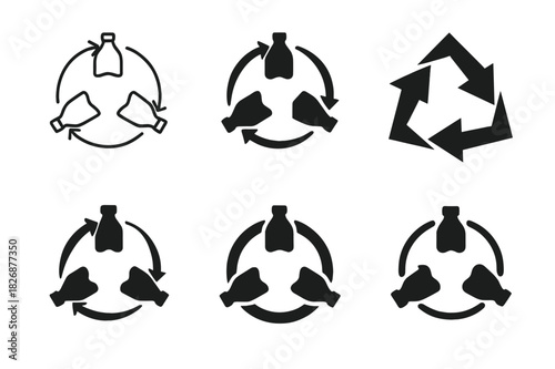Plastic Recycling Icons. Plastic recycling and upcycling innovations. Icon set. Set Logo of Plastic recycling and upcycling innovations: circular arrows formed