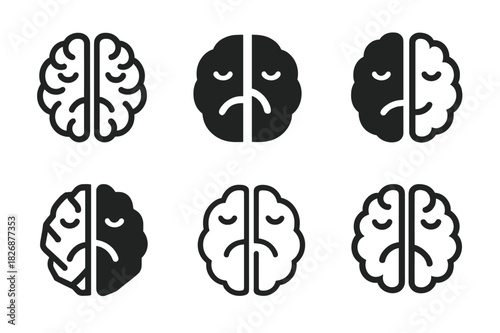 Brain Logo Variations. The brain's role in anxiety and depression. Icon set. Set Logo of the brain's role in anxiety and depression: brain with divided zones
