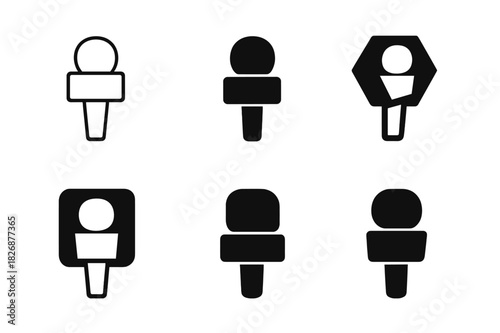 Broadcast Mic Icons. Broadcast journalism. Icon set. Set Logo of Broadcast journalism: handheld reporter microphone. harmonious logo variations of the same