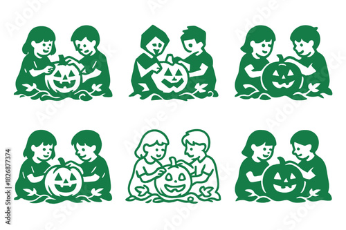 Halloween Pumpkin Carving Icons. Children Carving Pumpkins for Halloween. Icon set. Set Logo of Children Carving Pumpkins for Halloween: pumpkin patch vine.