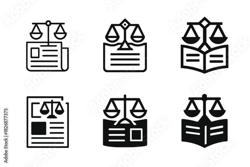 Journalism Ethics Logos. Journalism ethics and bias. Icon set. Set Logo of journalism ethics and bias: scales of justice atop a newspaper headline. harmonious