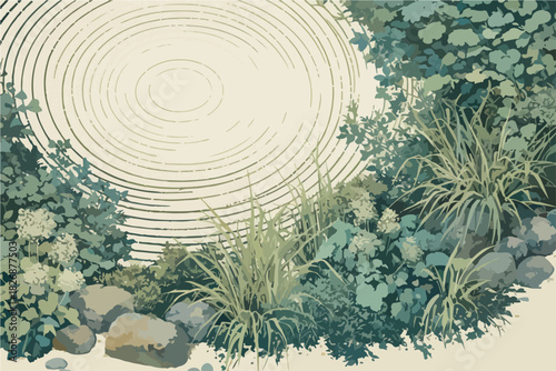 Vector minimalista de jardín zen japonés con ondas concéntricas en un estanque tranquilo y vegetación exuberante.