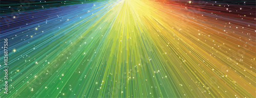 Fondo abstracto de rayos de luz vectoriales en espectro de colores vibrantes con partículas brillantes.