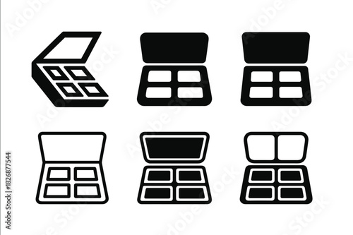 Elegant Makeup Logos. High-end makeup packaging. Icon set. Set Logo of High-end makeup packaging: eyeshadow palette with magnetic closure. harmonious logo