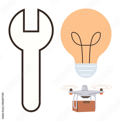 Wrench for repair, light bulb for ideas, and delivery quadcopter symbolize innovation, creativity, and modern service solutions. Ideal for engineering, problem-solving, technology, innovation