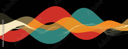 Ondas abstractas de colores cálidos y fríos superpuestas sobre fondo negro, diseño moderno y dinámico.