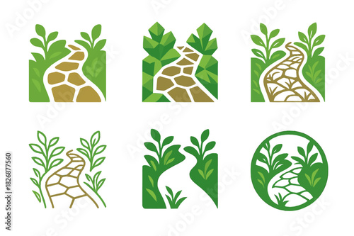 Decorative Garden Paths. Decorative stone paths through a garden with plants on both sides. Icon set. Set Logo of Decorative stone paths through a garden with