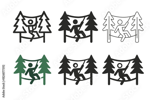 Adventure Park Logo Variations. Outdoor adventure parks and zip-lining. Icon set. Set Logo of outdoor adventure parks and zip-lining: climber on ropes course