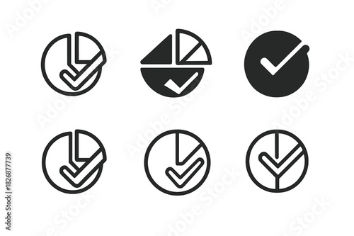 Online Grading Icons. Online grading system. Icon set. Set Logo of Online grading system: analytics pie chart with tick. harmonious logo variations of the same