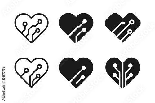 Digital Health Logos. Digital health startups. Icon set. Set Logo of digital health startups: heart combined with circuit board. harmonious logo variations of