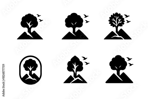 Eco-Tourism Logo Set. Eco-tourism with wildlife preservation. Icon set. Set Logo of eco-tourism with wildlife preservation: tree with flying birds