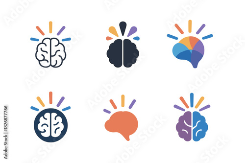 Creative Brain Icons. Neuroscience of creativity. Icon set. Set Logo of creative neuroscience: brain with colorful bursts. harmonious logo variations of the