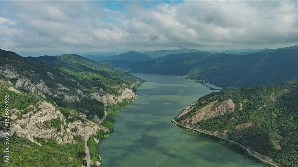 Obraz premium Aerial view on Danube river and mountains