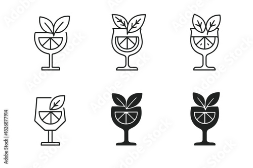 Mocktail Logo Variations. Mocktails. Icon set. Set Logo of mocktails: citrus wedge and mint sprig overlapping glass silhouette. harmonious logo variations of