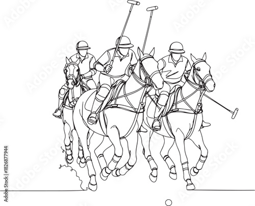 Group of polo players on galloping horses in action. Line art isolated on white.