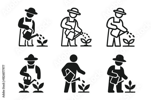 Botanical Logo Variations. Plant nursery. Icon set. Set Logo of botanical growth: gardener watering plants. harmonious logo variations of the same emblematic