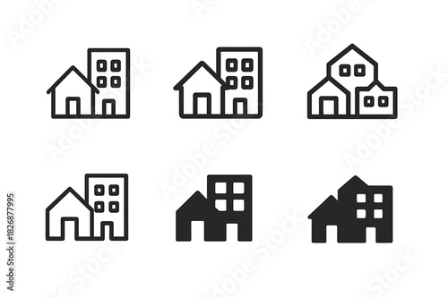 Modern Urban Logos. Mixed-use neighborhoods. Icon set. Set Logo of mixed-use neighborhoods: modern city block merging living and workspace symbols. harmonious