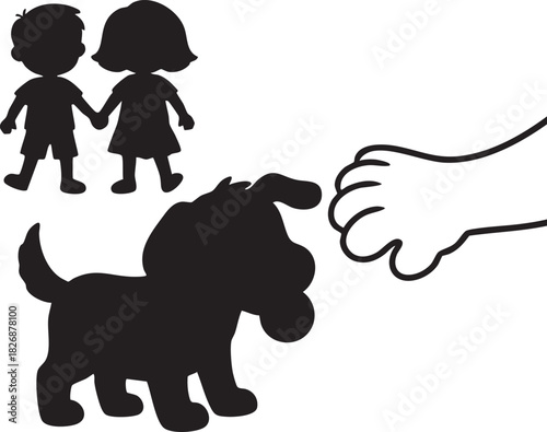 A vector illustration of a black silhouette icon featuring various wild and domestic animals, including a dog, cat, rhinoceros, elephant, and bear outline design