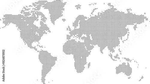 Square shape dotted world map with halftone pixel style continents and countries. Vector world map with square dot shape pattern. Digital world map square shape pattern infographic world atlas design