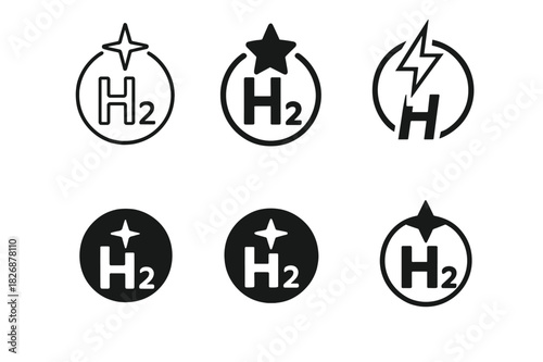 Hydrogen Fuel Logos. Hydrogen fuel technology. Icon set. Set Logo of hydrogen fuel technology: hydrogen molecule with energy spark. harmonious logo variations